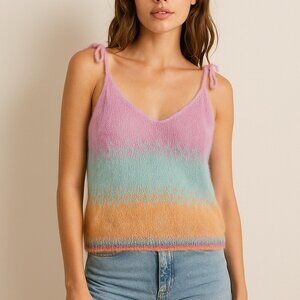 Rose Carmine Handknit Mohair Wool Blend Ombré Tank Top Pastel Rainbow Size 1
